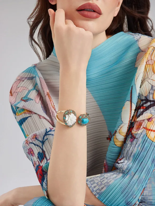 Luxurious Gold-Tone Turquoise Inlay Cuff sold by Rich Radi Q's