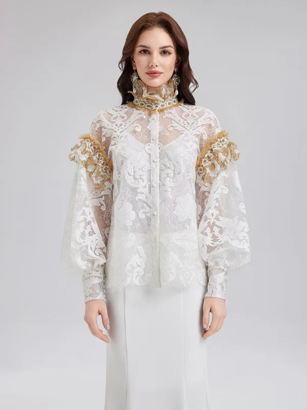 Baroque Lace Embroidered High-Neck Blouse sold by Rich Radi Q's