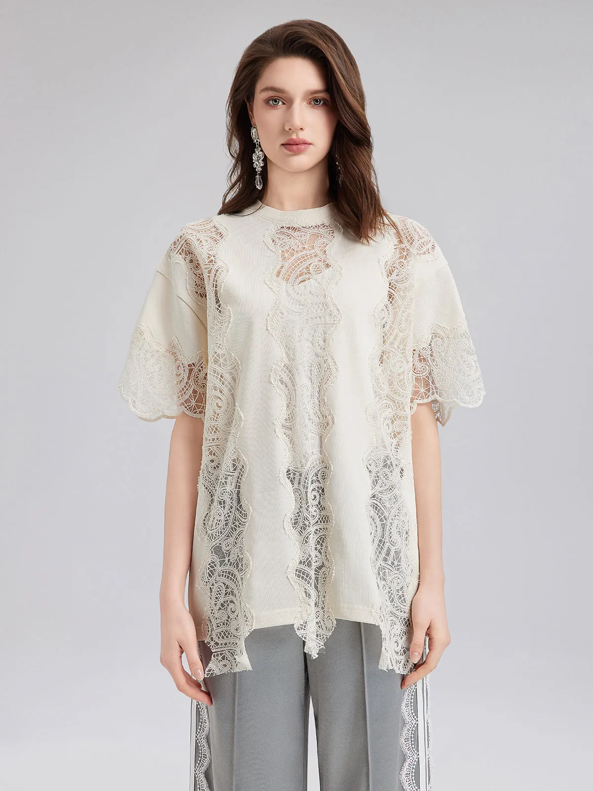 Elegant Cotton Lace-Trimmed T-Shirt sold by Rich Radi Q's