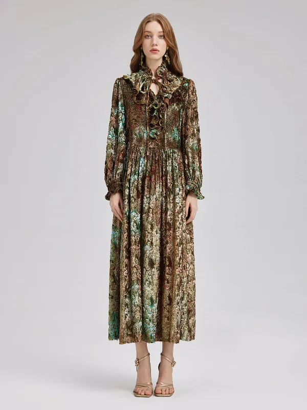 Burnt Velvet Gold Smudge Printed Lotus Collar Dress made by Rich Radi Q's