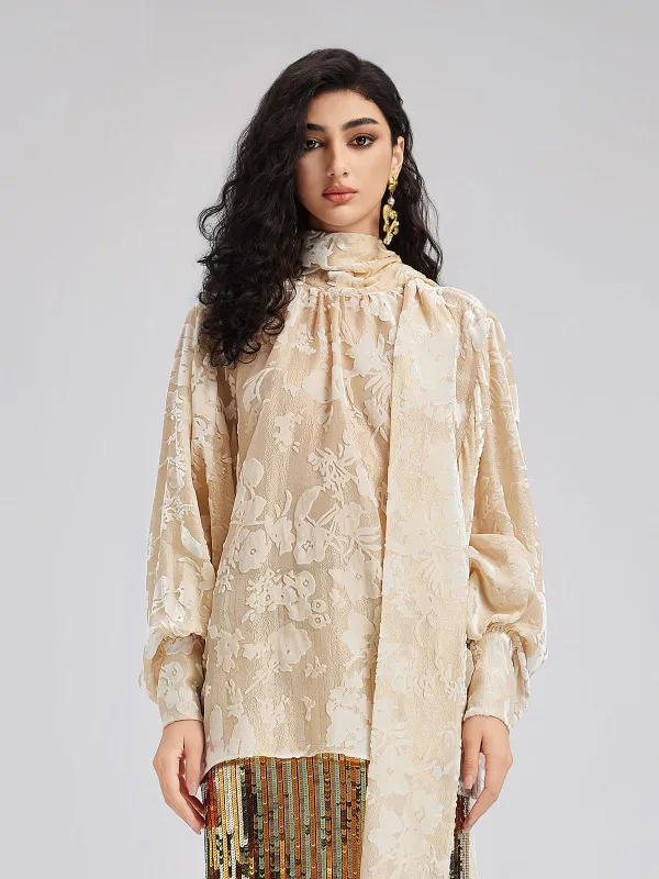 Mulberry Silk Burnout Velvet Tie Collar Blouse sold by Rich Radi Q's