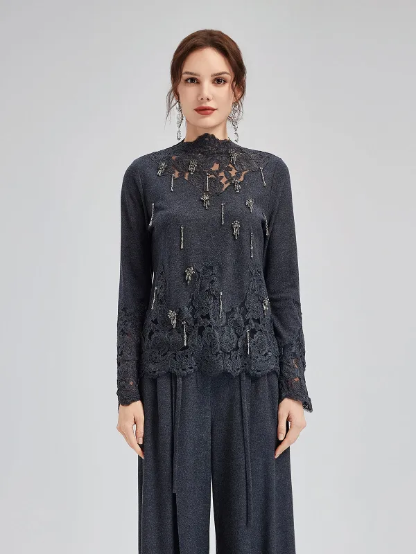 Merino Wool Lace Beaded Knit Top made by Rich Radi Q's