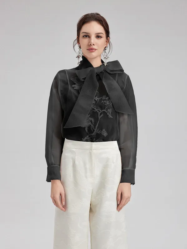 Silk Embroidered Tie Long Sleeve Blouse sold by Rich Radi Q's