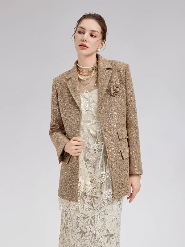 Gold Sequined Camellia Brooch Jacket sold by Rich Radi Q's