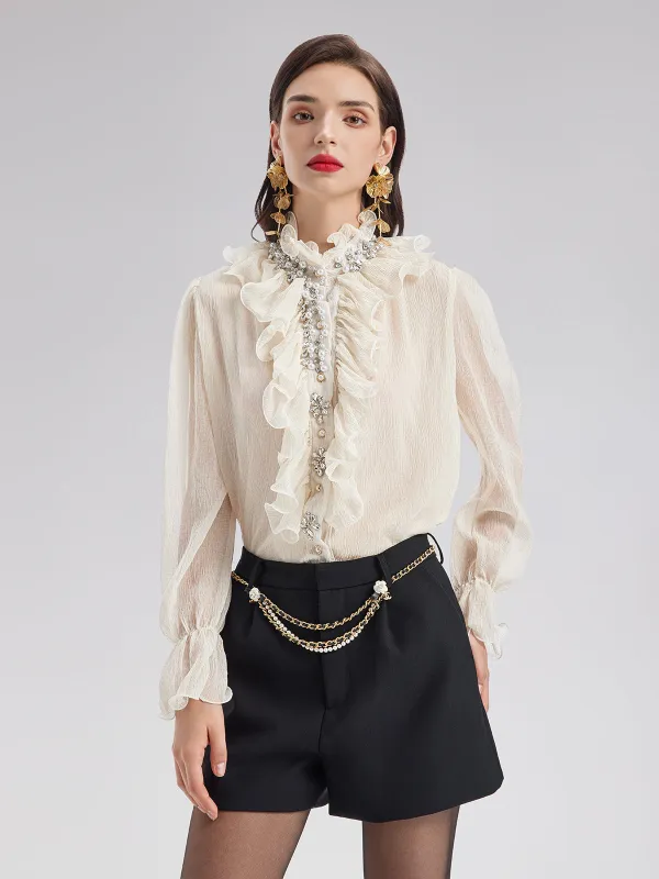 Ruffled Stand Collar Beaded Shirt sold by Rich Radi Q's