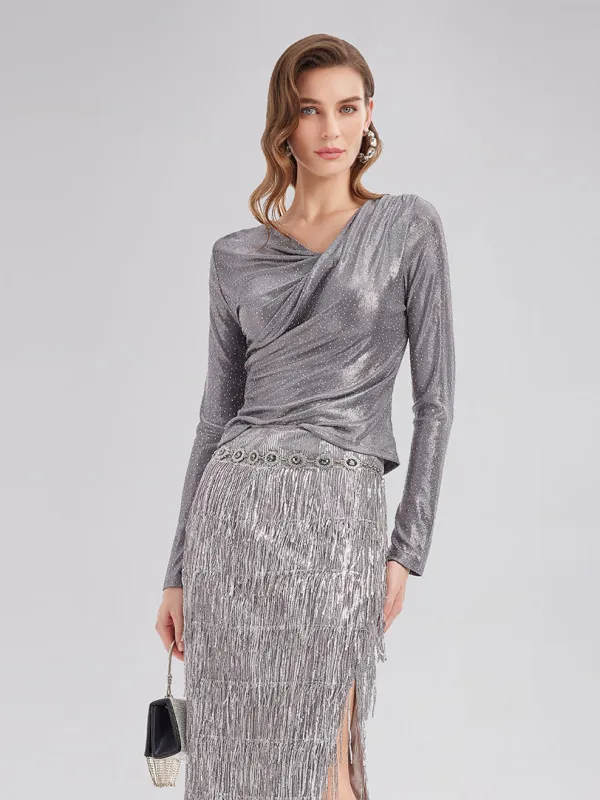Galactic Shimmer Pleated Wrap Top sold by Rich Radi Q's