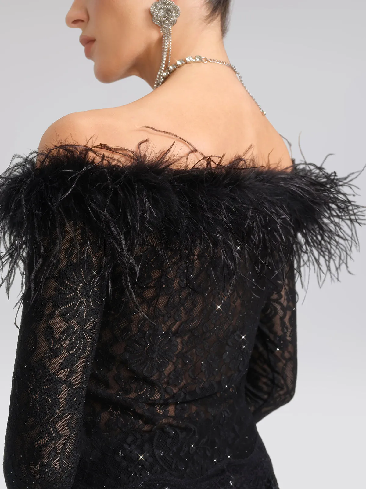 Sequin Lace Off-Shoulder Feather-Trim Top sold by Rich Radi Q's product image thumbnail 4
