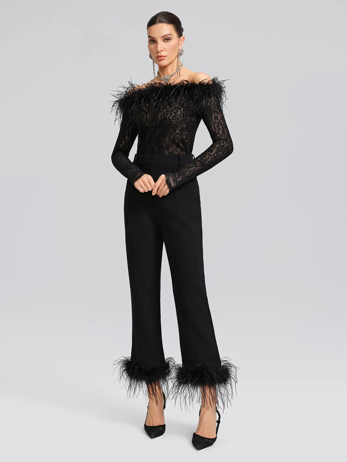 Sequin Lace Off-Shoulder Feather-Trim Top sold by Rich Radi Q's product image thumbnail 2