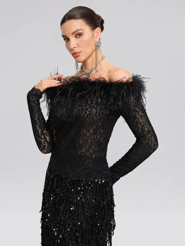 Sequin Lace Off-Shoulder Feather-Trim Top made by Rich Radi Q's