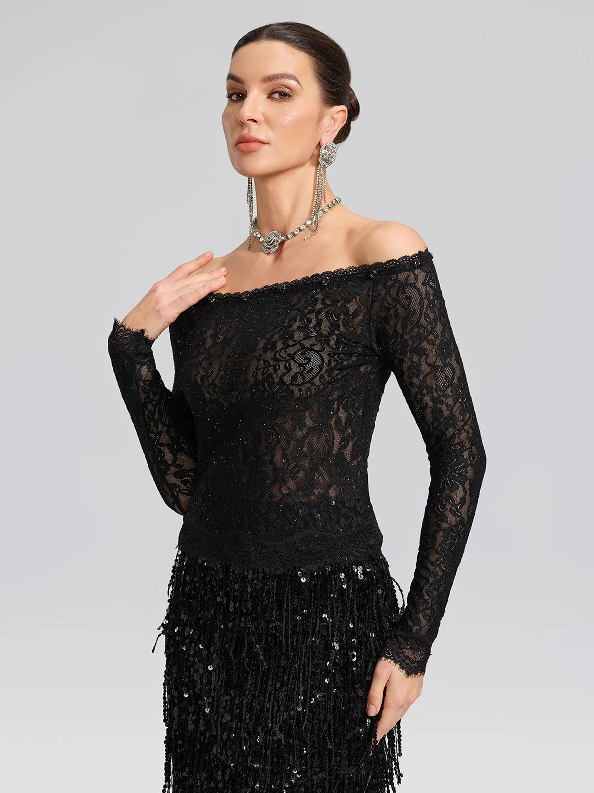 Sequin Lace Off-Shoulder Feather-Trim Top sold by Rich Radi Q's product image thumbnail 5