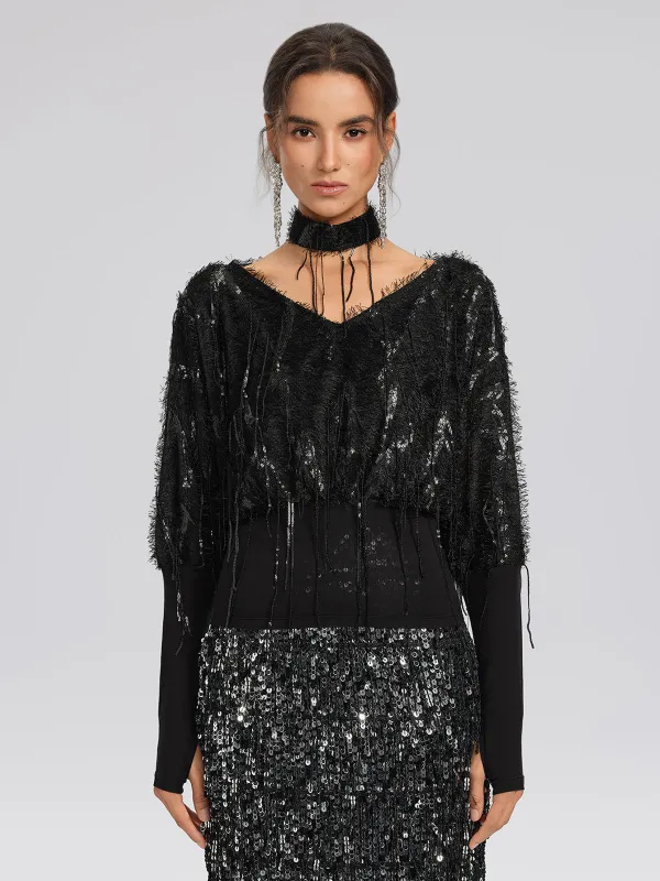 Batwing Stretch Sequin Fringe Top sold by Rich Radi Q's