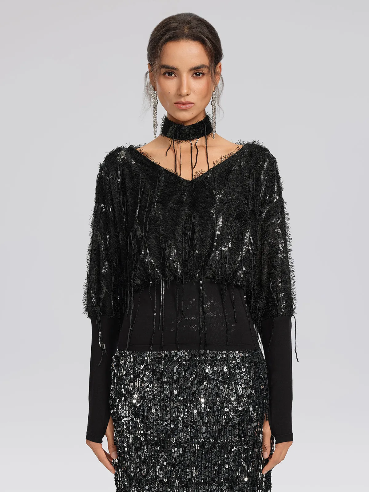 Batwing Stretch Sequin Fringe Top sold by Rich Radi Q's