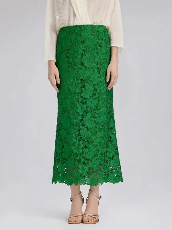 Lace Appliqué Emerald Pencil Skirt made by Rich Radi Q's