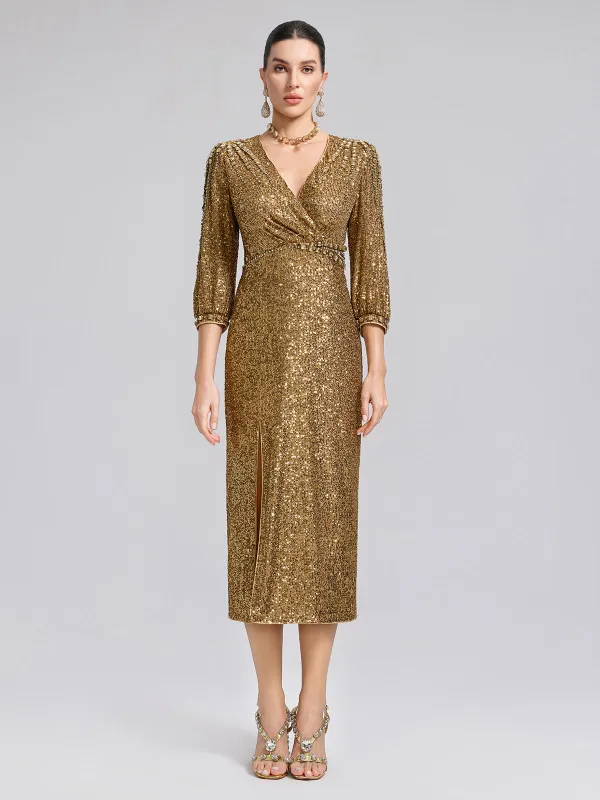 Gold Sequin Crystal V-Neck Dress sold by Rich Radi Q's