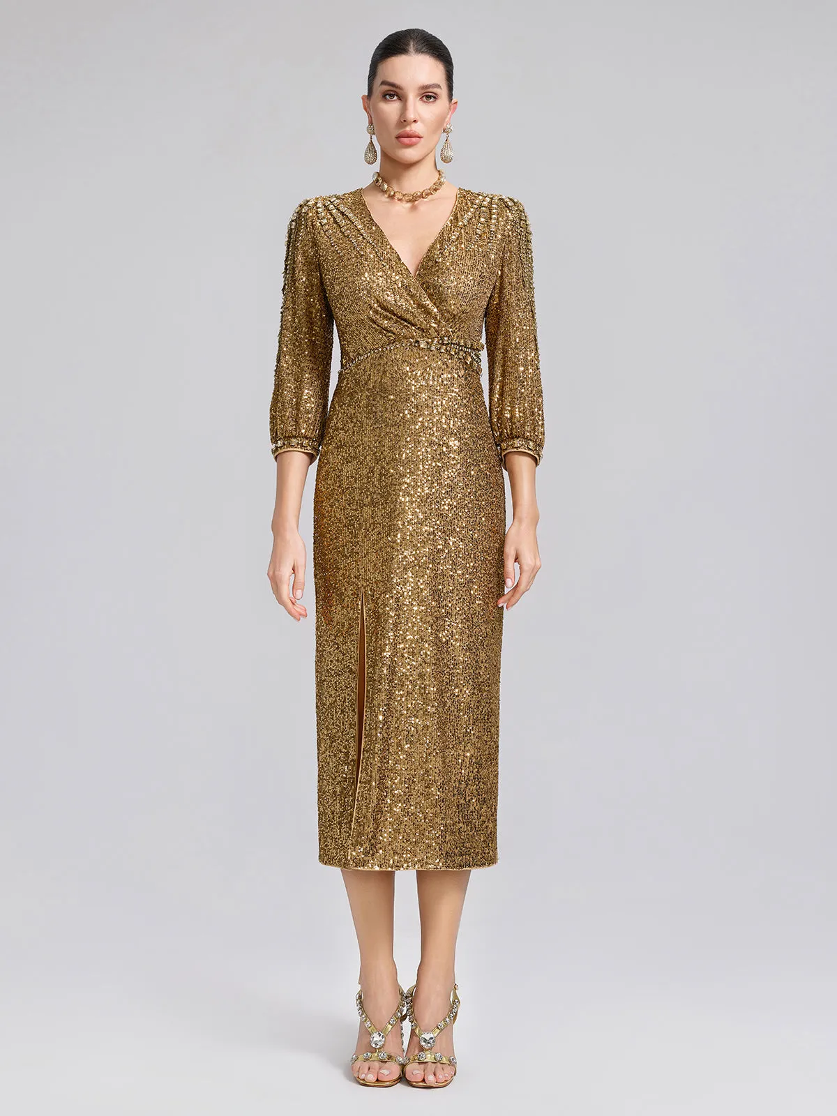 Gold Sequin Crystal V-Neck Dress sold by Rich Radi Q's