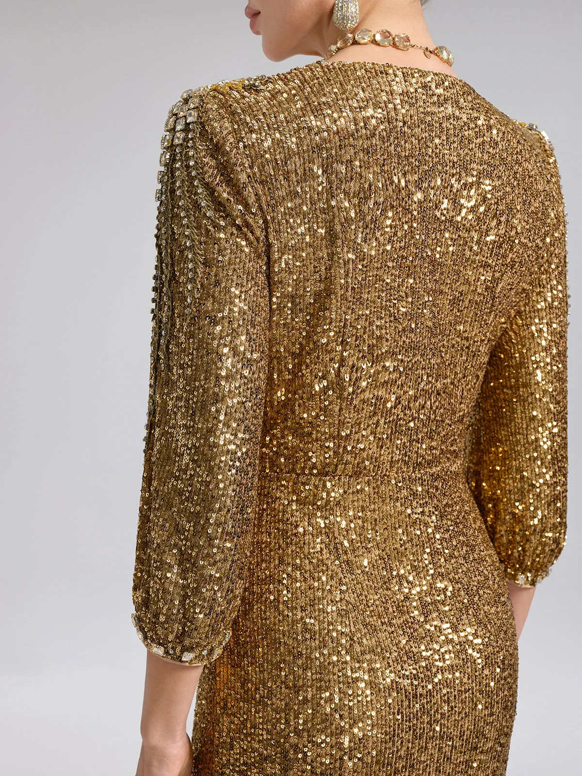 Gold Sequin Crystal V-Neck Dress sold by Rich Radi Q's product image thumbnail 3