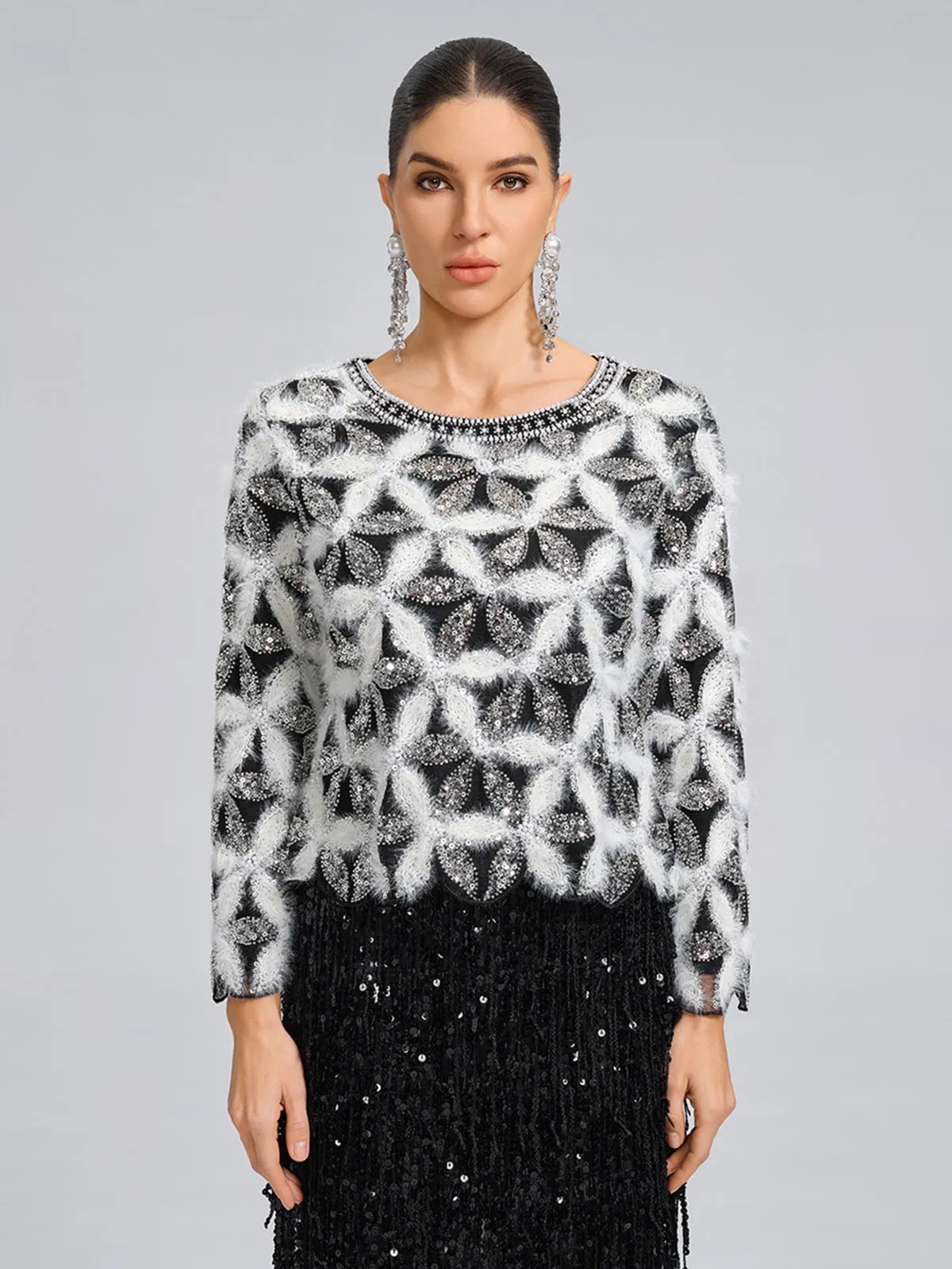 Beaded Floral Long-Sleeve Knit Sweater sold by Rich Radi Q's