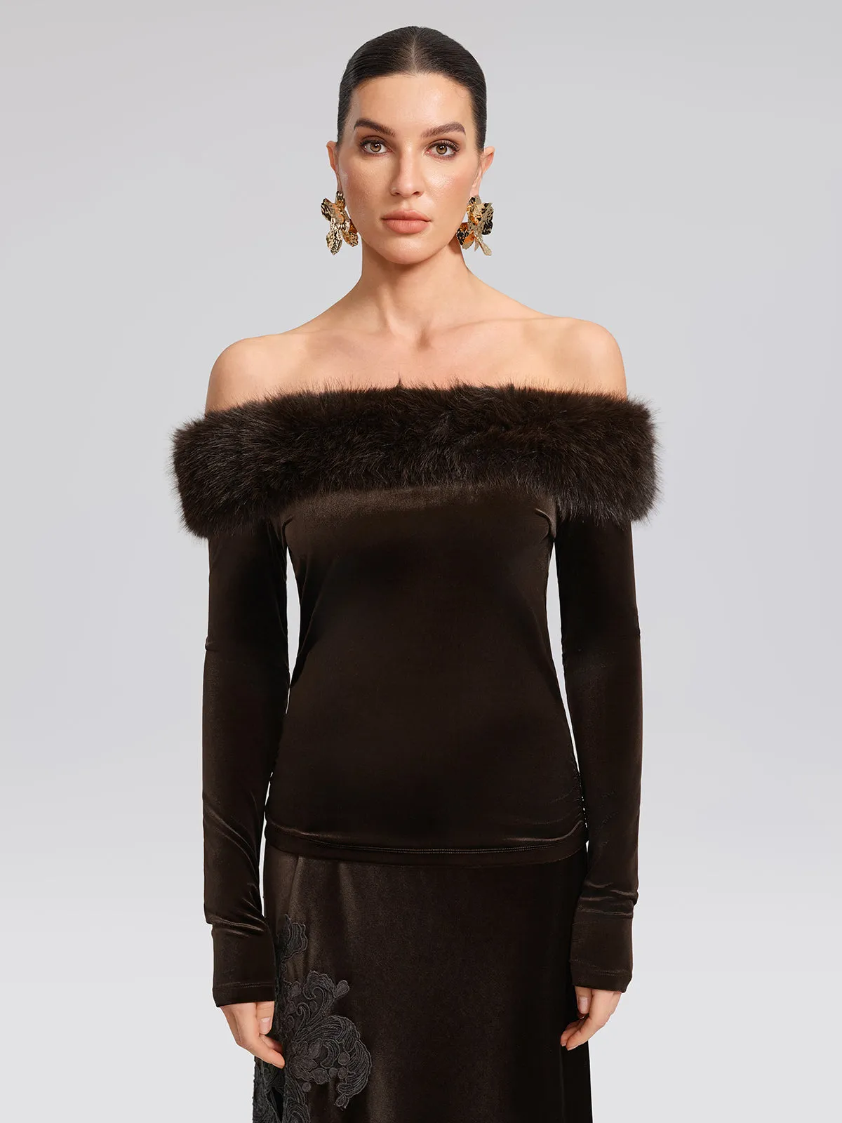 Faux-Fur Off-Shoulder Velvet Top sold by Rich Radi Q's