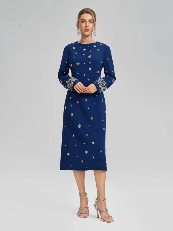 Hand-Beaded Long-Sleeve Navy Dress made by Rich Radi Q's