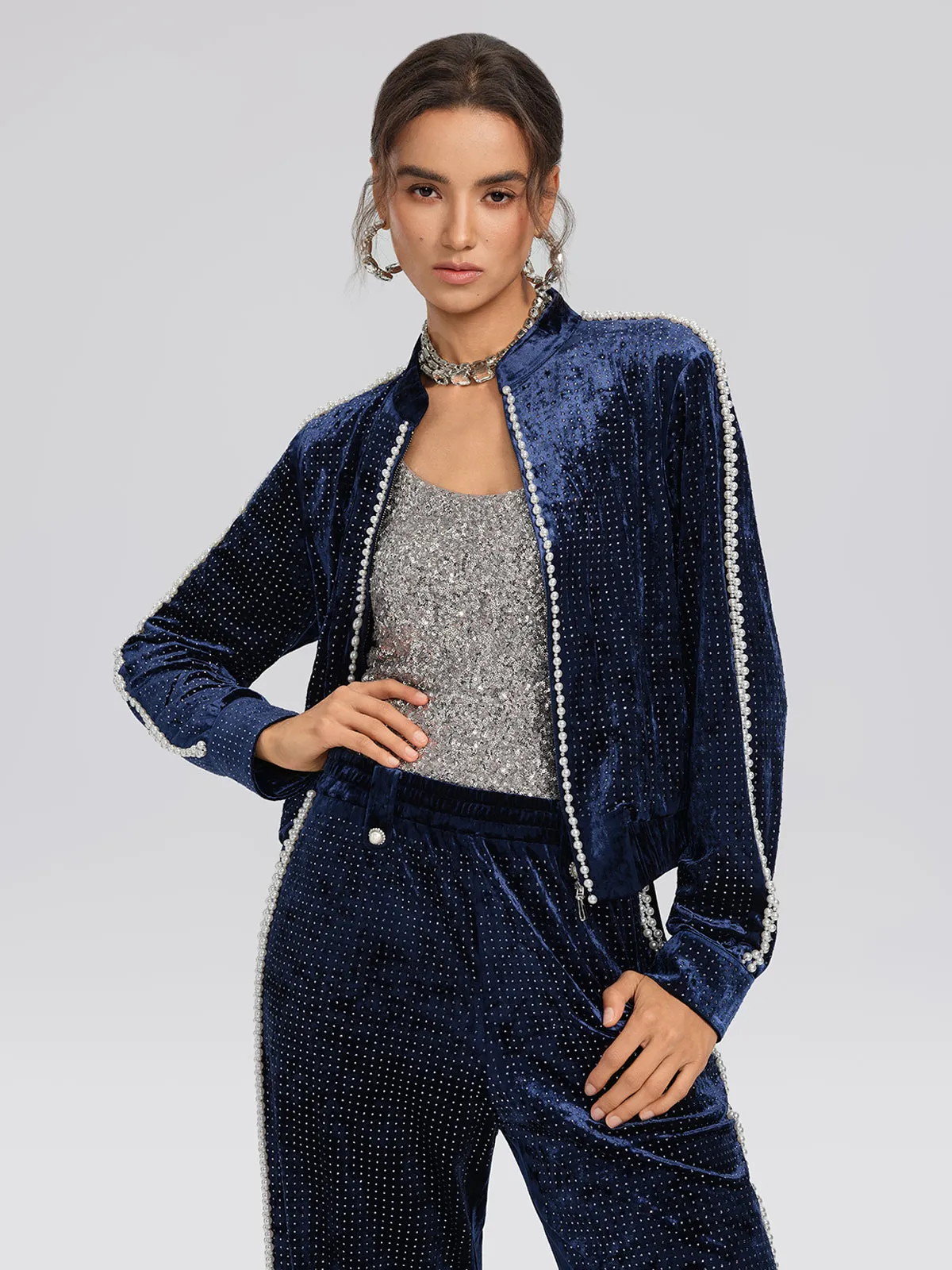 Hand-Beaded Pearl Rhinestone Velvet Jacket sold by Rich Radi Q's product image thumbnail 2