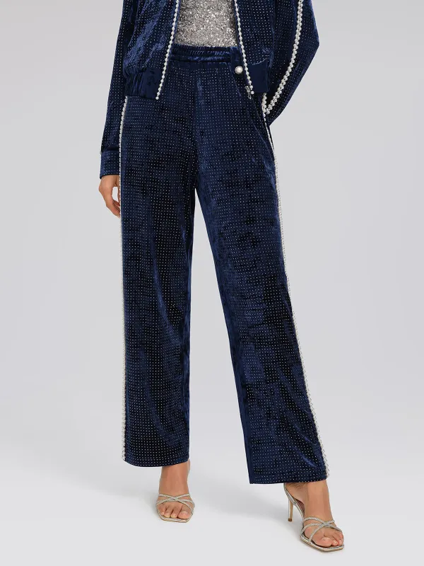 Hand-Beaded Pearl Rhinestone Velvet Pants made by Rich Radi Q's