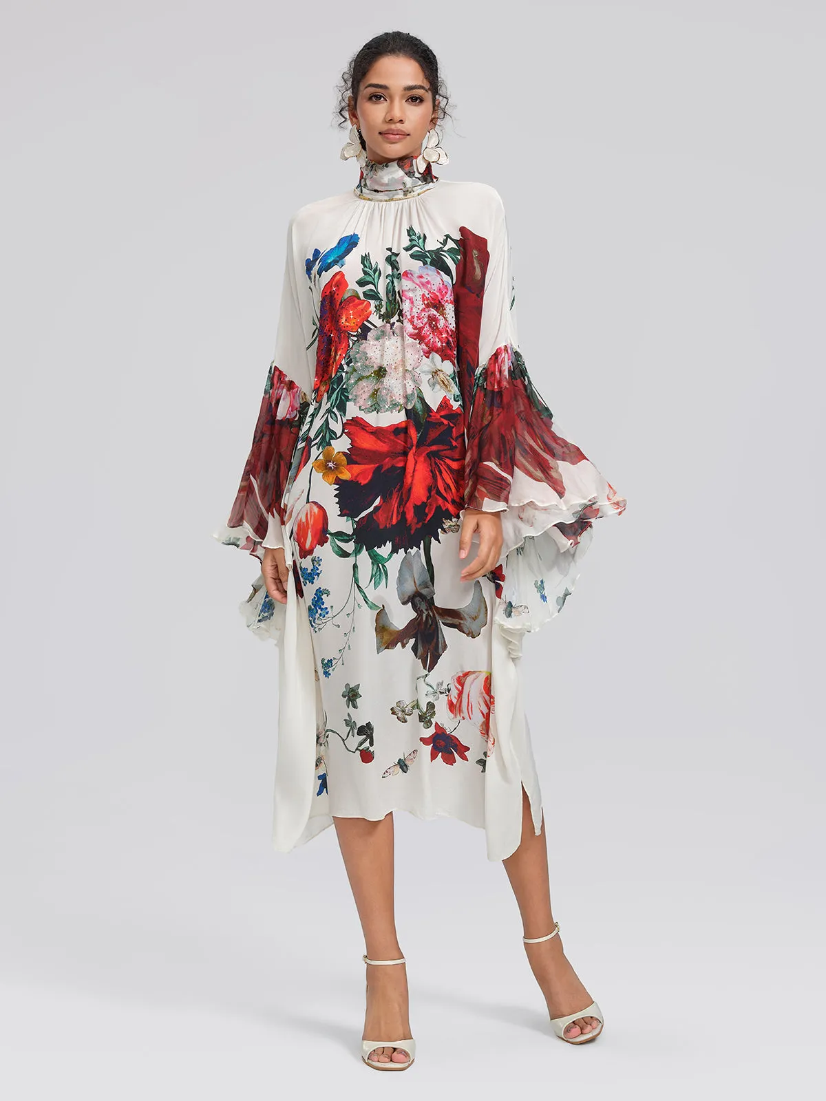 100% Silk Batwing-Sleeve Printed Dress sold by Rich Radi Q's