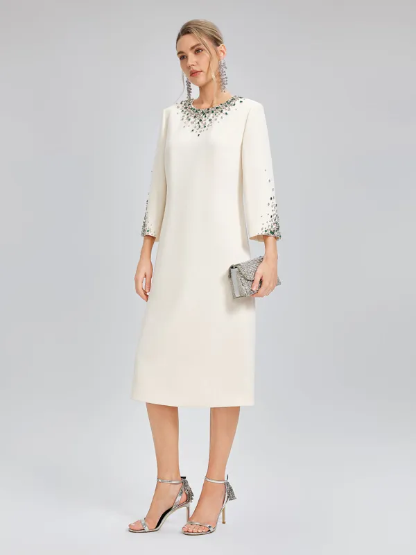 Hand-Beaded Crystal Padded-Shoulder H-Line Dress made by Rich Radi Q's