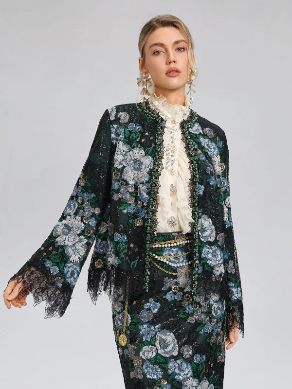 Sequin Lace-Trim Hand-Beaded Crystal Jacket sold by Rich Radi Q's