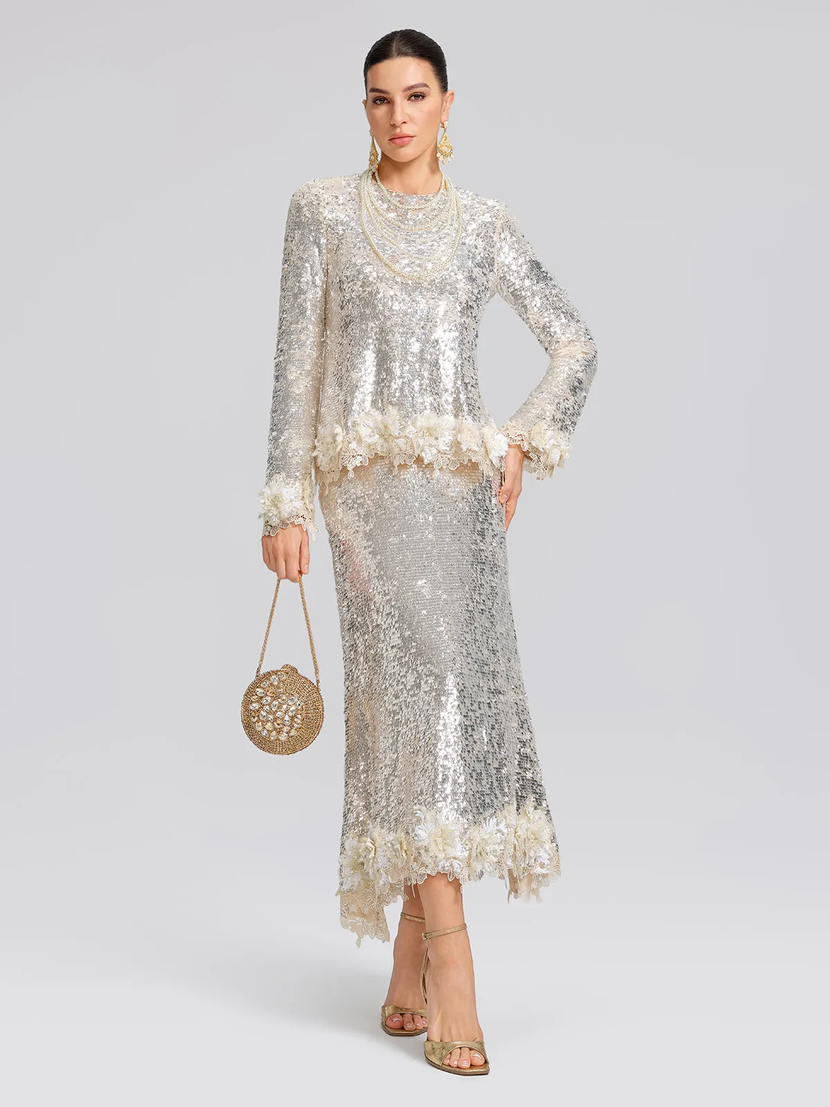 Sequin Mermaid Lace Trim Elastic-Waist Skirt sold by Rich Radi Q's product image thumbnail 4