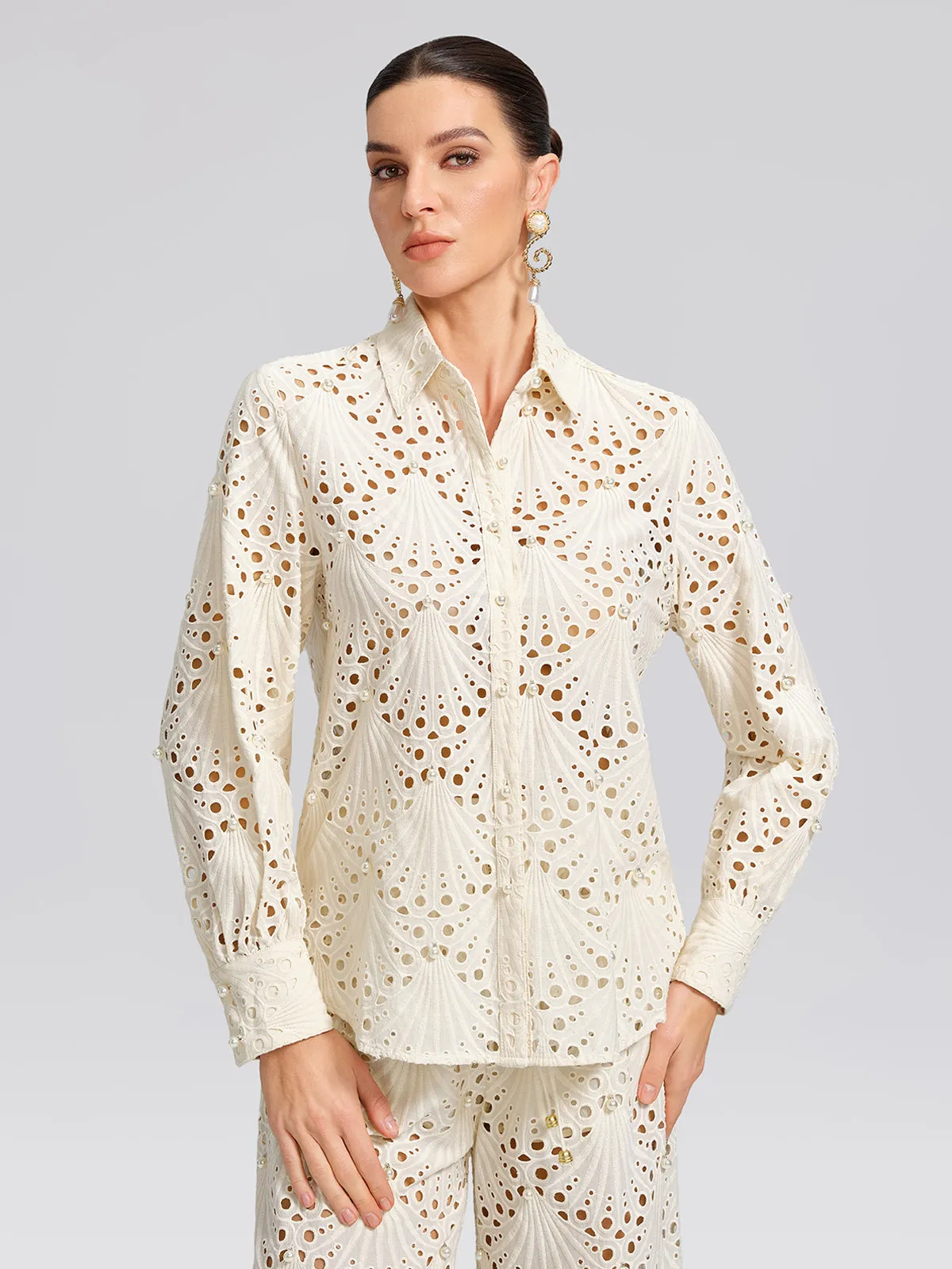 100% Cotton Burnout Cutwork Hand-Sewn Pearl Shirt sold by Rich Radi Q's