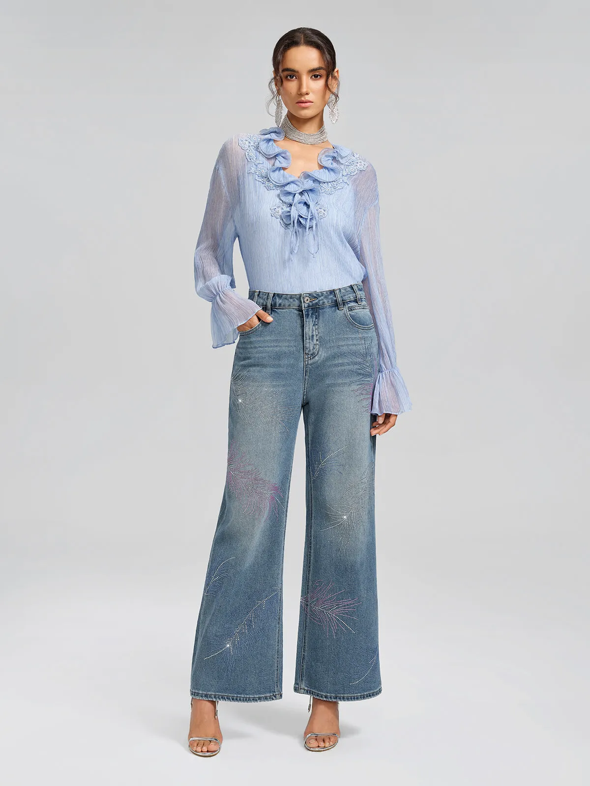 Rhinestone-Embellished Feather Denim Jeans sold by Rich Radi Q's product image thumbnail 3