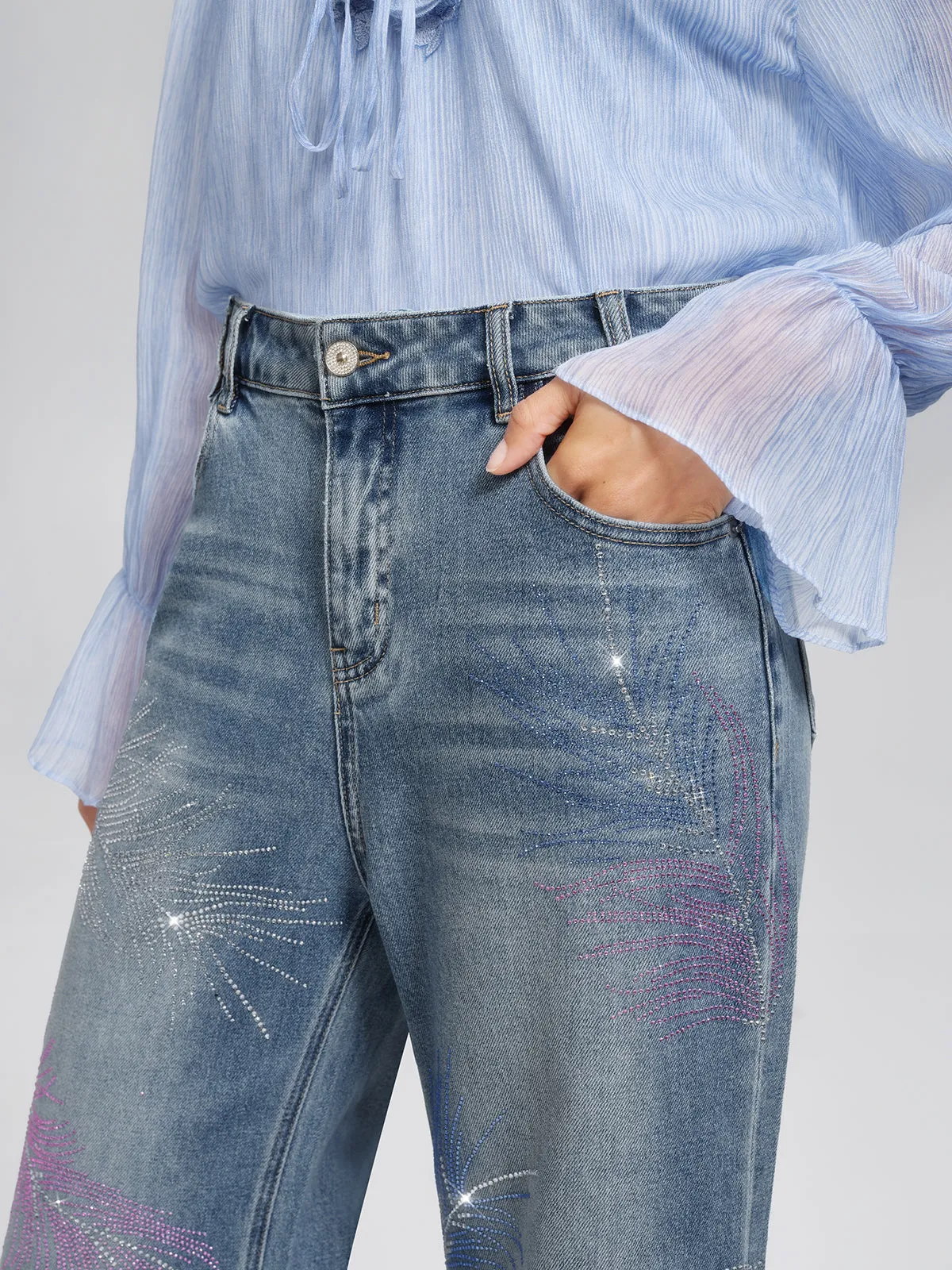 Rhinestone-Embellished Feather Denim Jeans sold by Rich Radi Q's product image thumbnail 4