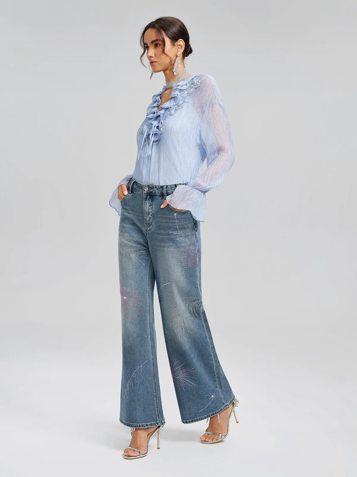 Rhinestone-Embellished Feather Denim Jeans sold by Rich Radi Q's product image thumbnail 2