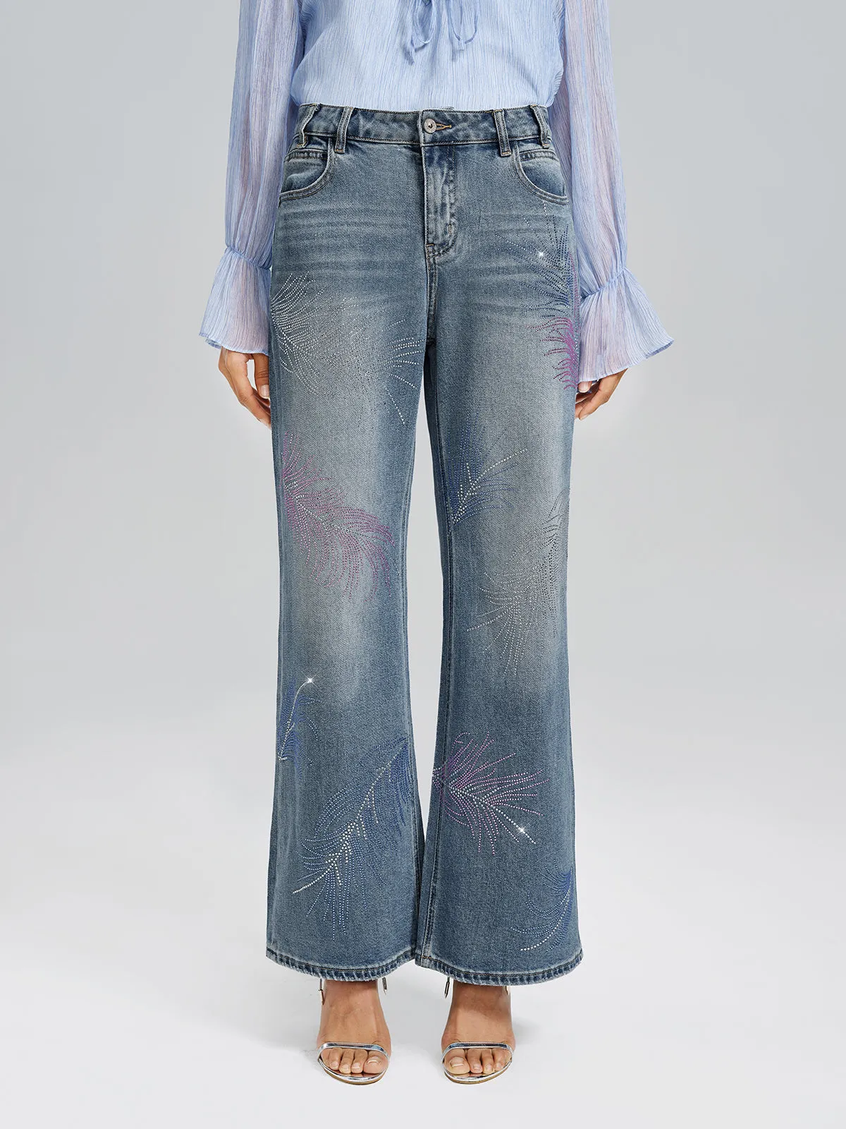 Rhinestone-Embellished Feather Denim Jeans sold by Rich Radi Q's