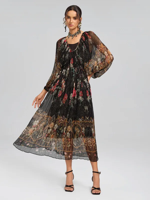 Silk Floral Metallic-Thread Dress (Waist Tie Included) made by Rich Radi Q's