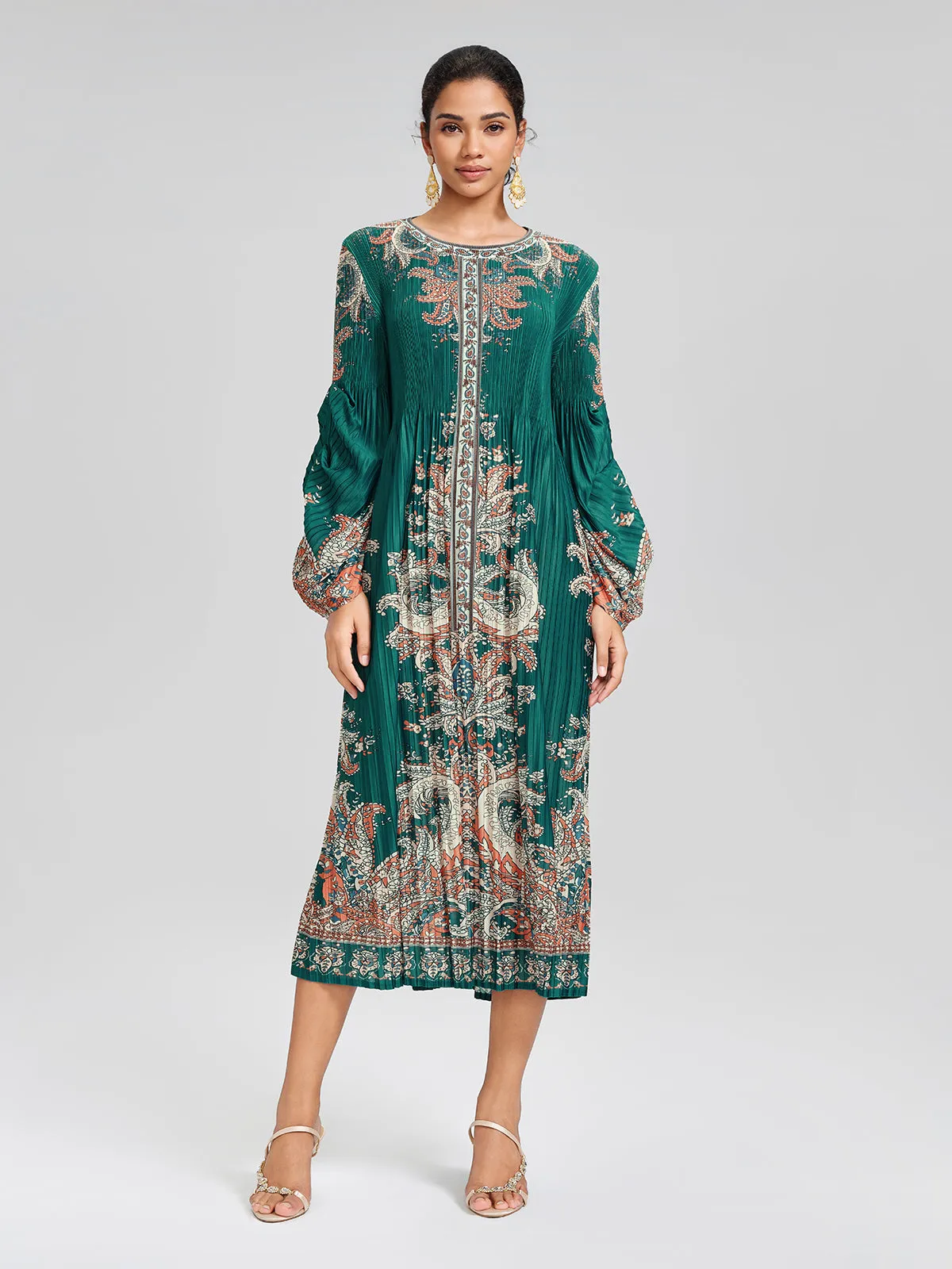 Printed Pleated Lantern Sleeve Dress sold by Rich Radi Q's