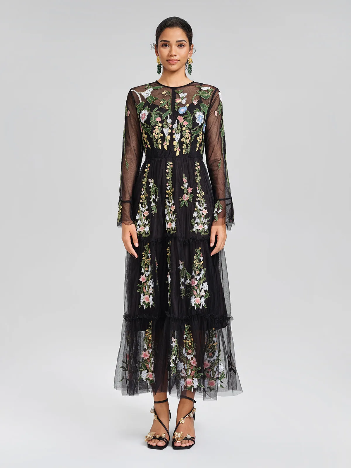 Floral Embroidered Tulle Sheer Maxi Dress sold by Rich Radi Q's product image thumbnail 3