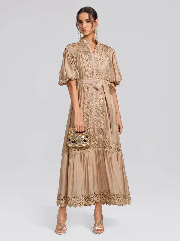 Embroidered Lace Panel Mock Neck Maxi Dress (Waist Tie Included) made by Rich Radi Q's