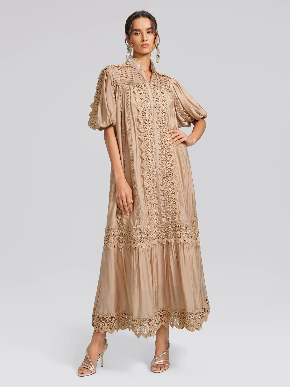 Embroidered Lace Panel Mock Neck Maxi Dress (Waist Tie Included) sold by Rich Radi Q's product image thumbnail 3