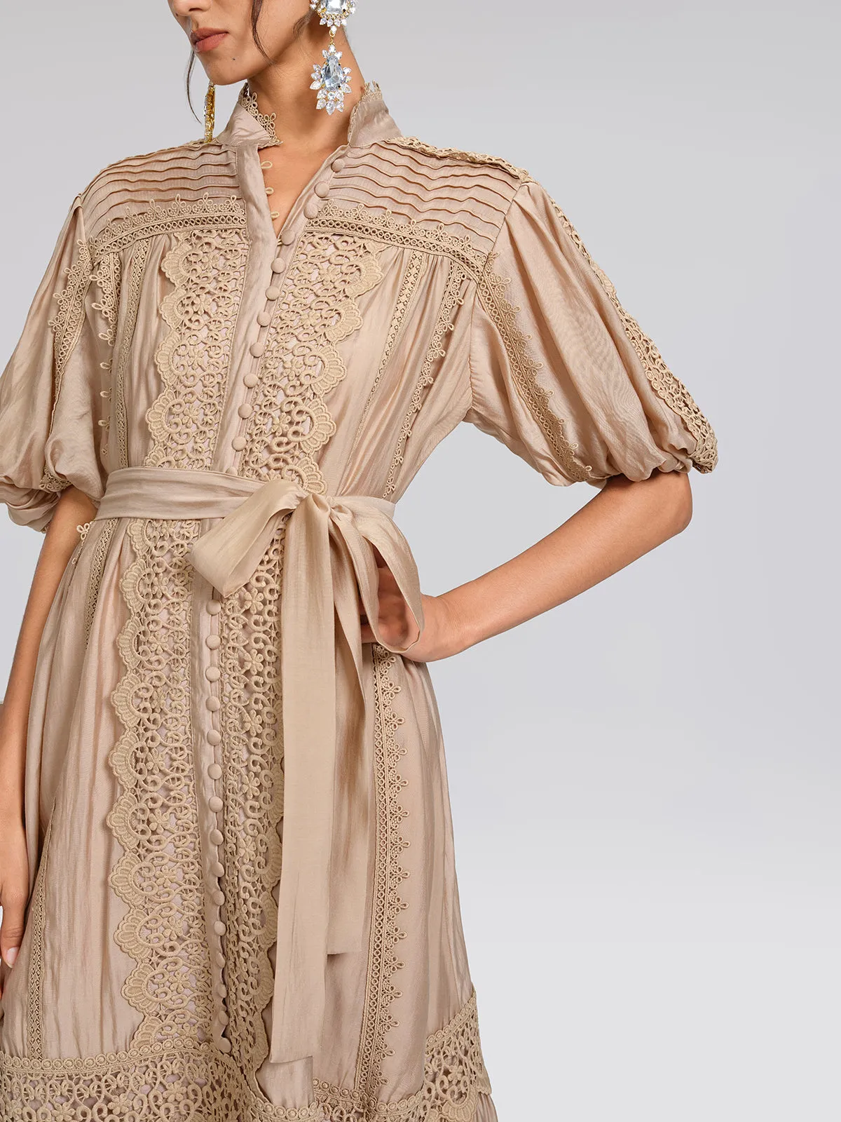 Embroidered Lace Panel Mock Neck Maxi Dress (Waist Tie Included) sold by Rich Radi Q's product image thumbnail 5