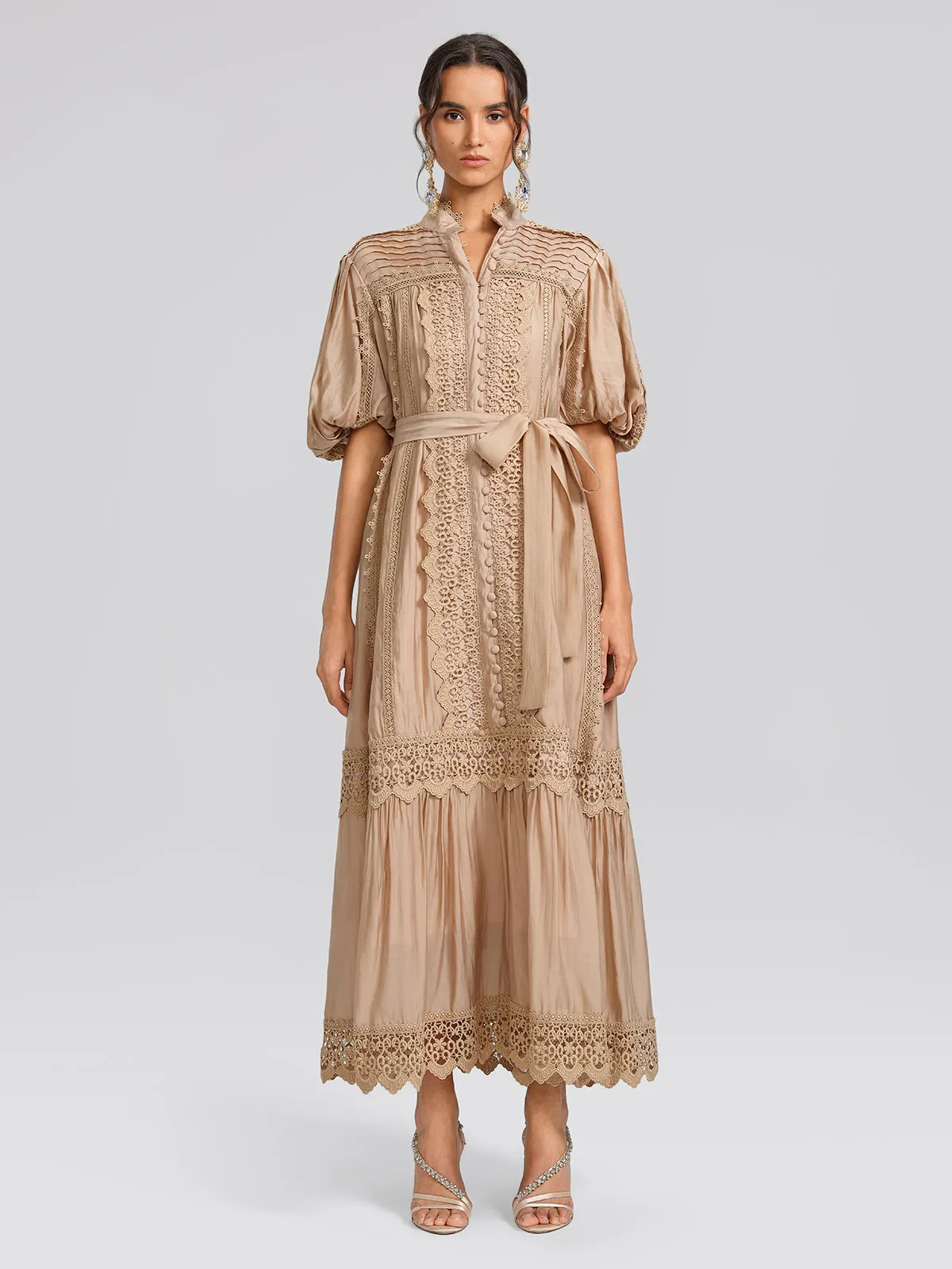 Embroidered Lace Panel Mock Neck Maxi Dress (Waist Tie Included) sold by Rich Radi Q's product image thumbnail 2
