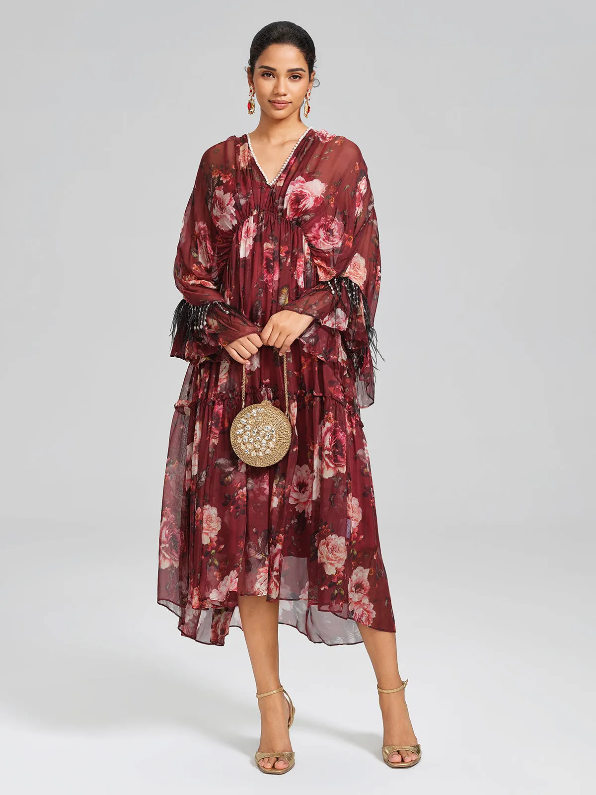 Silk Floral Print V Neck Batwing Sleeve Dress (Slip Dress Included) sold by Rich Radi Q's product image thumbnail 3