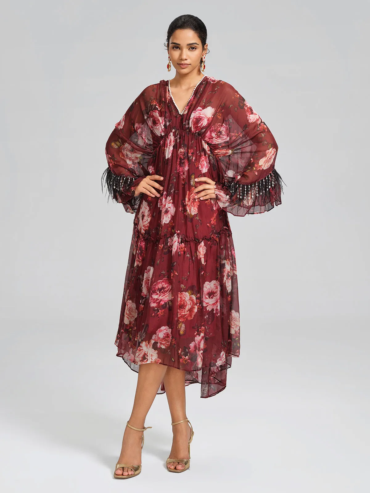 Silk Floral Print V Neck Batwing Sleeve Dress (Slip Dress Included) sold by Rich Radi Q's