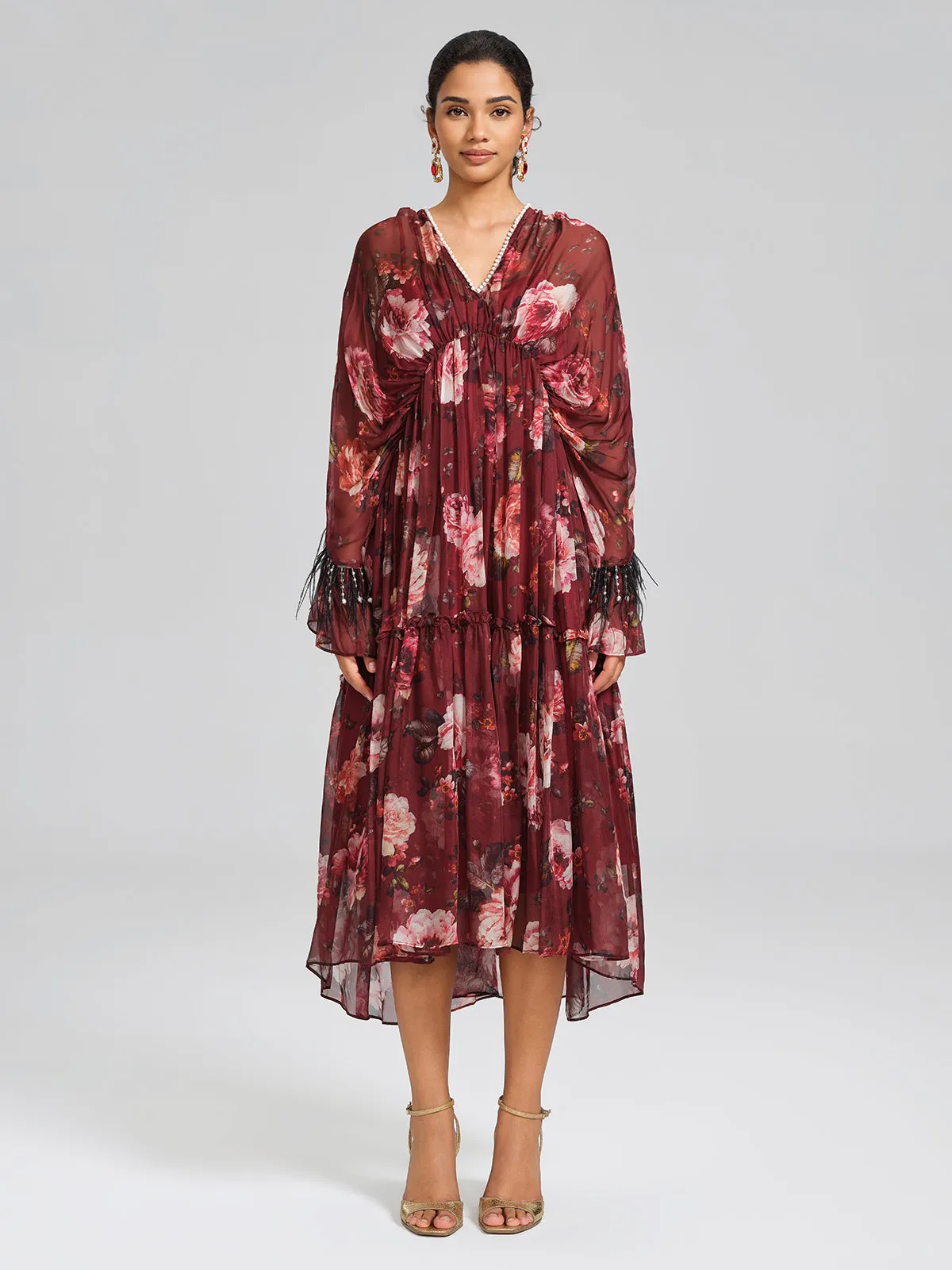 Silk Floral Print V Neck Batwing Sleeve Dress (Slip Dress Included) sold by Rich Radi Q's product image thumbnail 2