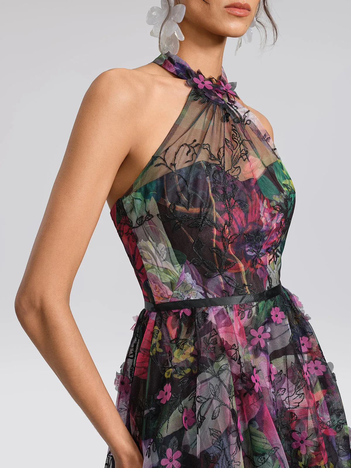 Floral Print Tulle Halter Neck Maxi Dress sold by Rich Radi Q's product image thumbnail 4