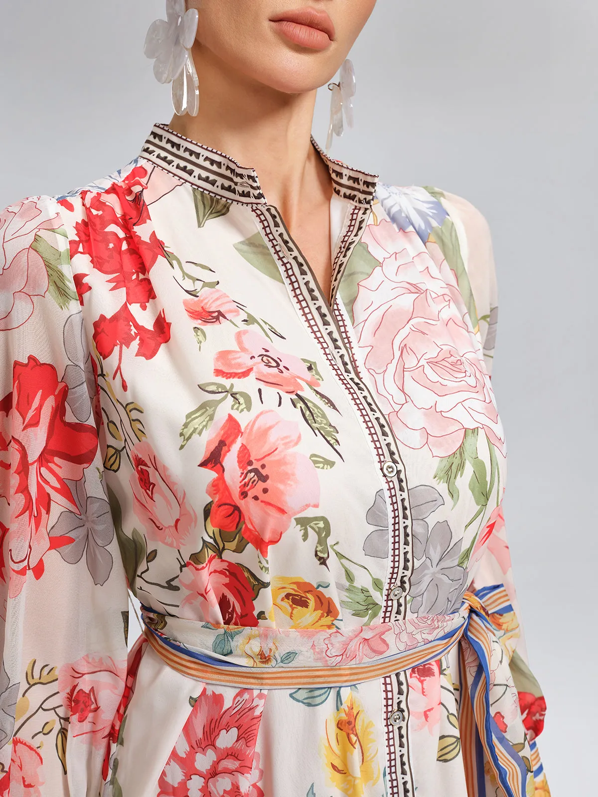 Floral Printed Adjustable-Cuffs Shirt Dress (Waist Tie Included) sold by Rich Radi Q's product image thumbnail 2