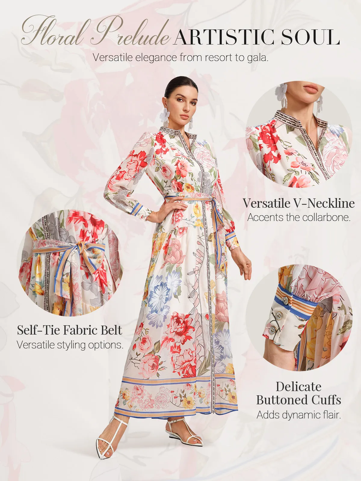 Floral Printed Adjustable-Cuffs Shirt Dress (Waist Tie Included) sold by Rich Radi Q's product image thumbnail 3