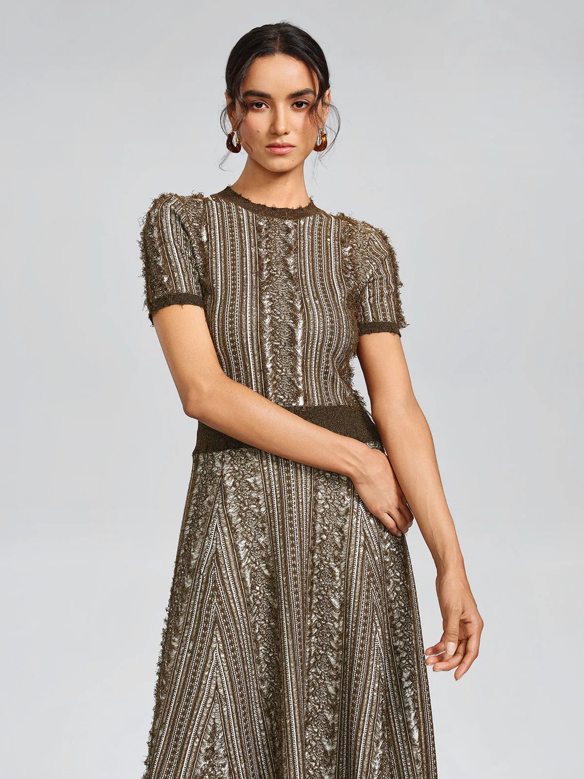 Frayed Striped Cable Knit Metallic Short-Sleeve Top sold by Rich Radi Q's