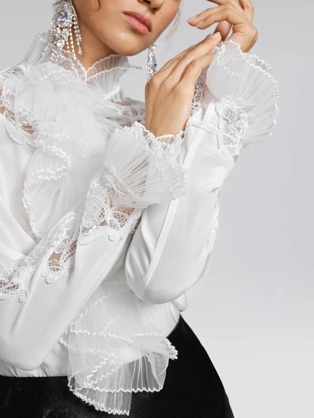 Embroidered Lace Panel Ruffle Trim Blouse sold by Rich Radi Q's product image thumbnail 3