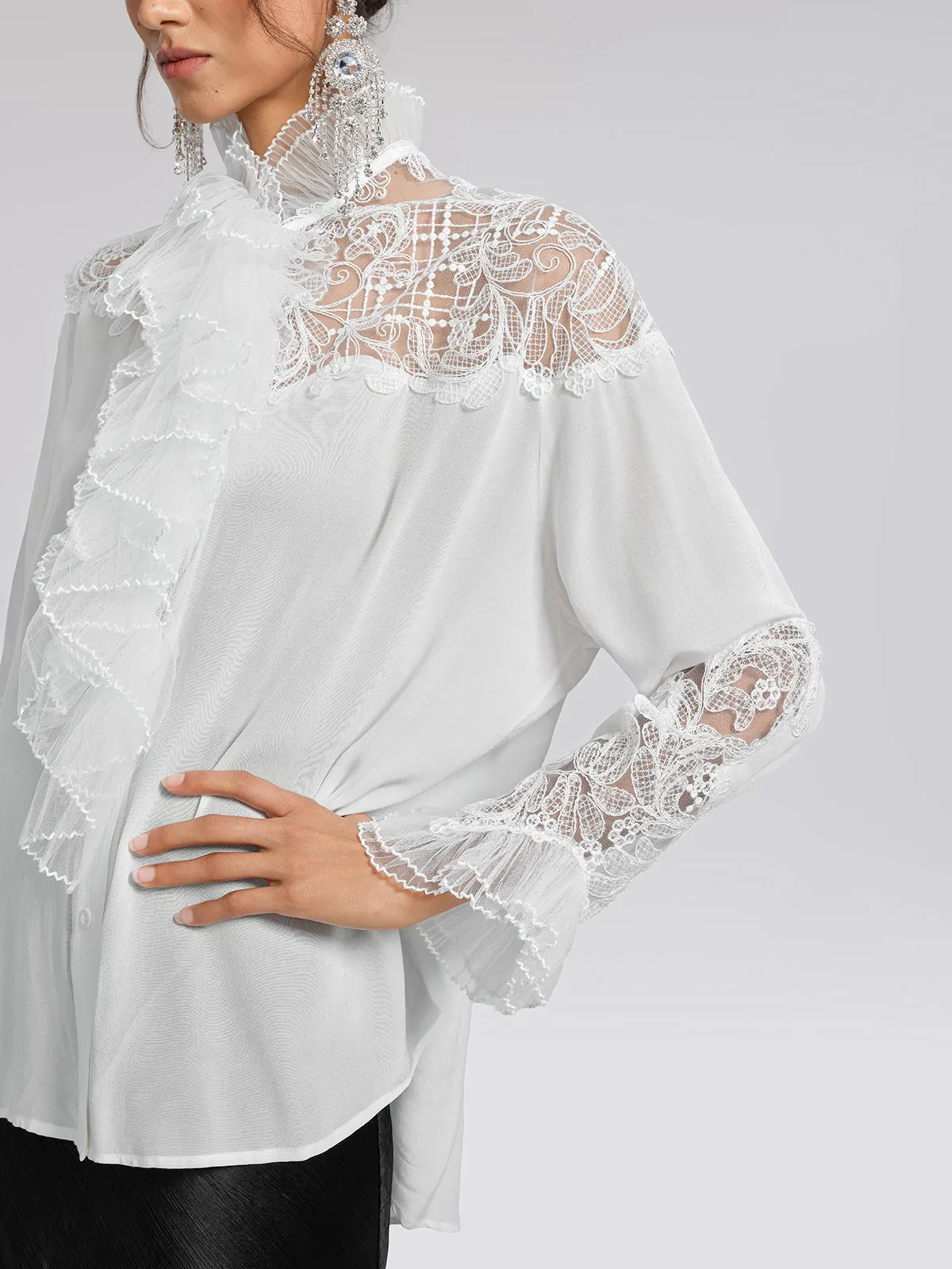 Embroidered Lace Panel Ruffle Trim Blouse sold by Rich Radi Q's product image thumbnail 4